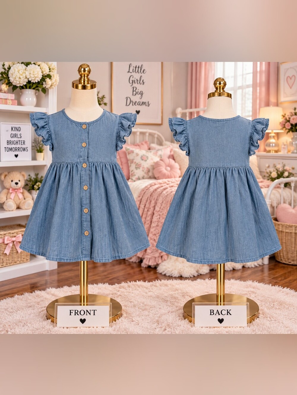 wonder nation Light Blue Denim Button-Front Ruffle Sleeve Dress